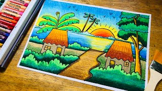 Level 1: Hướng dẫn cách vẽ tranh phong cảnh đơn giản | Tranh phong cảnh sáp dầu | #oilpastel