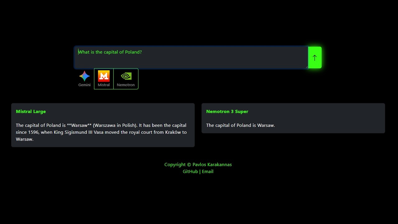 ModelHub app screenshot showing side-by-side AI model responses