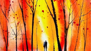 Autumn Watercolor Painting | Romantic Couple in Fall Scenery