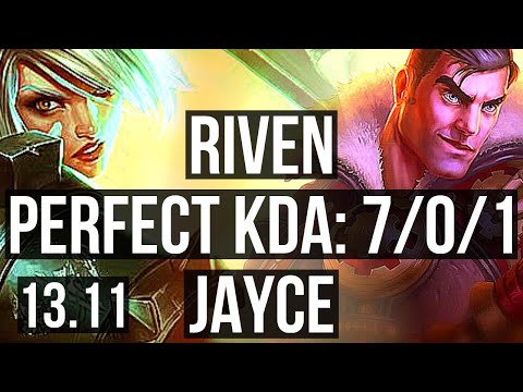 RIVEN vs JAYCE (TOP) | 7/0/1, 7 solo kills, 1.5M mastery, Godlike | KR Diamond | 13.11
