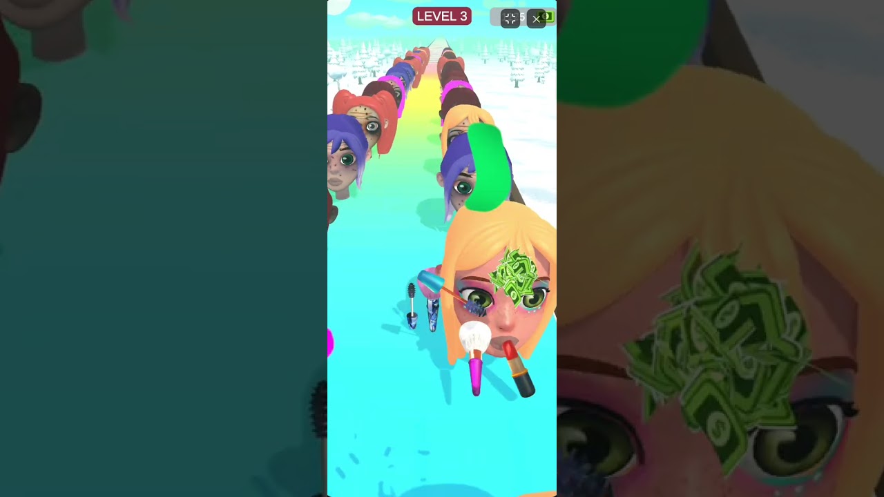 Mackup Runner Game gameplay walkthrough showing obstacle avoidance and massive beauty score gains