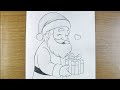 Santa Giving Gift To Kids Outline Pencil Drawing Christmas Festival Art