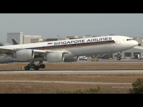 Singapore Airlines Airbus A340-500 EARLY FLARE at LAX [9V-SGC]