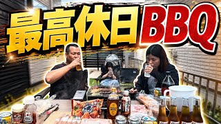【最高休日】庭で最高のバーベキュー！庭キャンプ！家族で昼からBBQしたら酒が止まらなかった！ビール！ハイボール！焼き鳥！焼肉！イカ焼き！フランクフルト！焼そば！パスタ！ガーリックトースト！爆食い！日曜