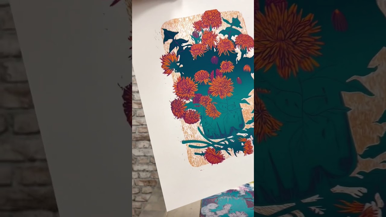 Reduction linocut, 4th layer, Dandelions print #linocut #printmaking #reliefprint #blockprinting