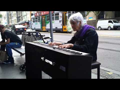 Natalie: Iconic Melbourne Piano Street Performer. Composing (improvising) on the spot (21/1/2014)