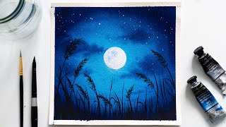watercolor painting for beginners / moonlight scenery