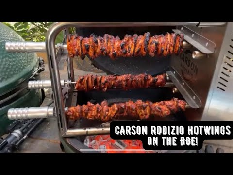 Carson Rodizio Hot wings on the Big Green Egg spinning to perfection with this rotisserie