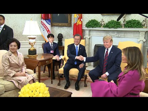 President Donald Trump says sanctions against North Korea will continue for now. In an Oval Office meeting with the South Korean President, he said the sanctions aimed at Kim Jong Un to give up his nuclear weapons program are at a "fair" level. (April 11)