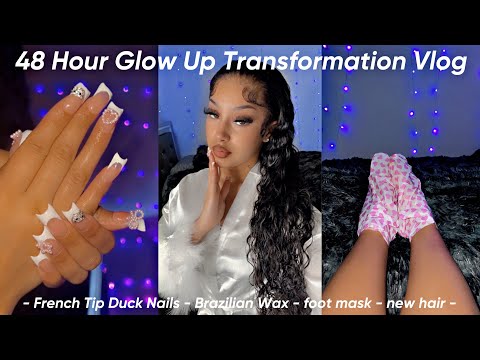 48 HOUR GLOW UP TRANSFORMATION *french tip duck nails, waxing, hair makeover , foot mask*