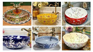 Hand Painting Ceramic Sink Design Ideas | Malticolour Flowers Shape Countertop Art Wash Basin Design