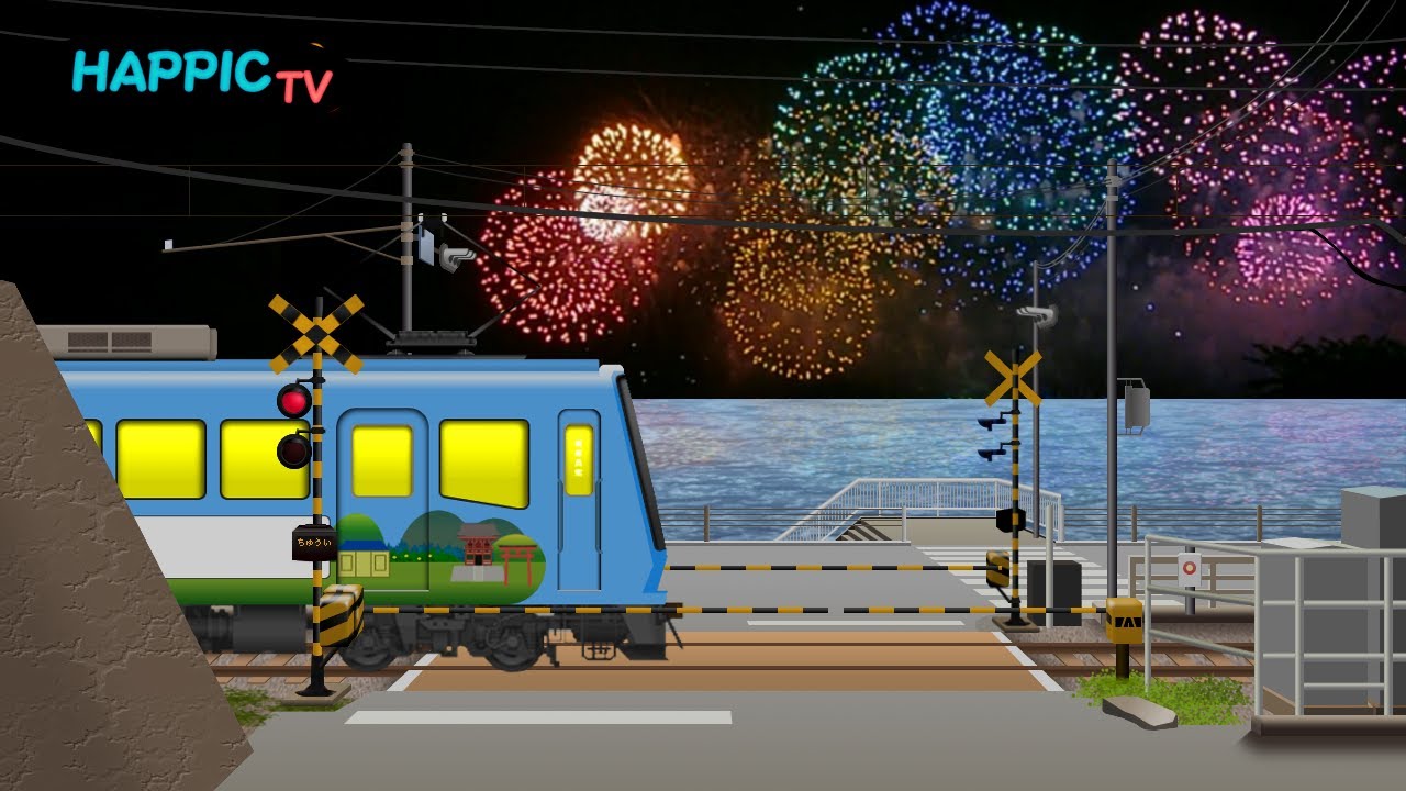 【踏切アニメ】 ★鎌倉高校前の踏切と花火大会★　/ 江ノ電 / スラムダンク / Fireworks Festival in Kamakura & Enoden Train & Crossing