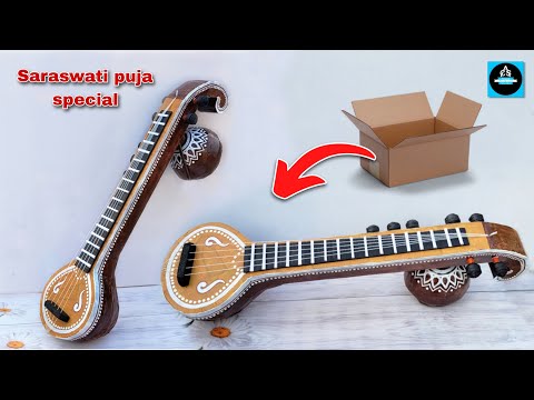 Making Veena from Cardboard/How to make saraswati Veena at home/Cardboard Craft ideas