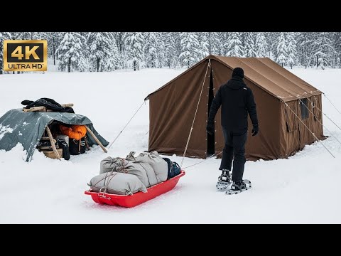 24 Hours Solo Survival: Braving the Blizzard with a Hot Tent and Wood Stove