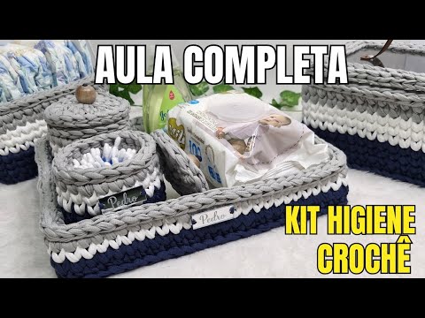 Kit higiene bebê bandeja feito com fio de malha em crochê ( base em acrílico perfeito)