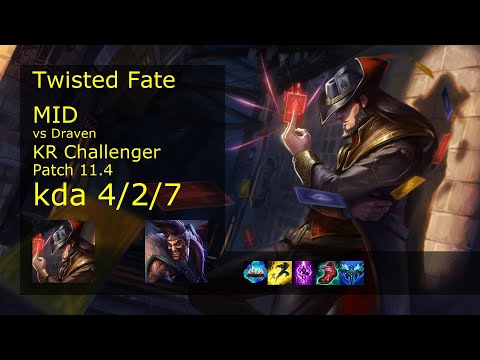 Twisted Fate Mid vs Draven - KR Challenger 4/2/7 Patch 11.4 Gameplay // [롤] 트위스티드 페이트 vs 드레이븐 미드