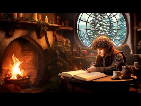 Cozy Hobbit Study Room with Soothing Fireplace on a Winter Snowy Day - Writing, Reading, Sleep Relax