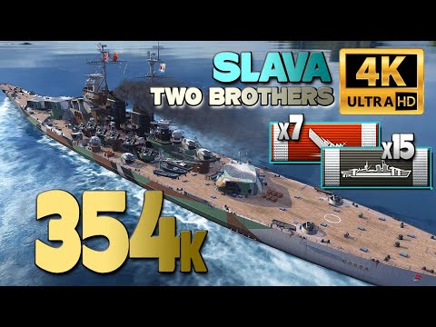 Battleship Slava on map Two Brothers, 352k damage - World of Warships