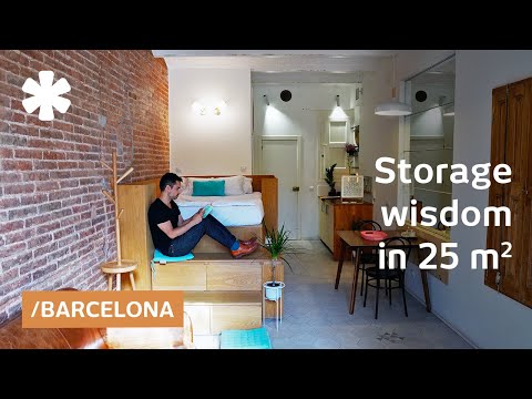 Bed, wardrobe & washer stack in Mediterranean tiny apartment