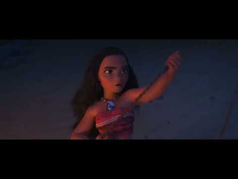 End-card trailer frame with sunrise on the ocean and Moana’s canoe silhouette