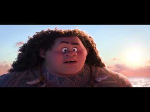 Moana 2016 official trailer frame with Moana and Maui at sea, fuse of waves and sky