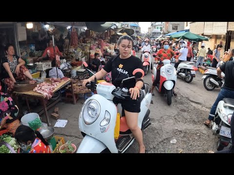 Daily life of Vendors in Cambodia's Busy Market - Evening Market Food