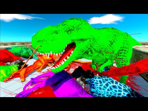 COLORED UNITS RUN INTO GREEN T-REX MOUTH