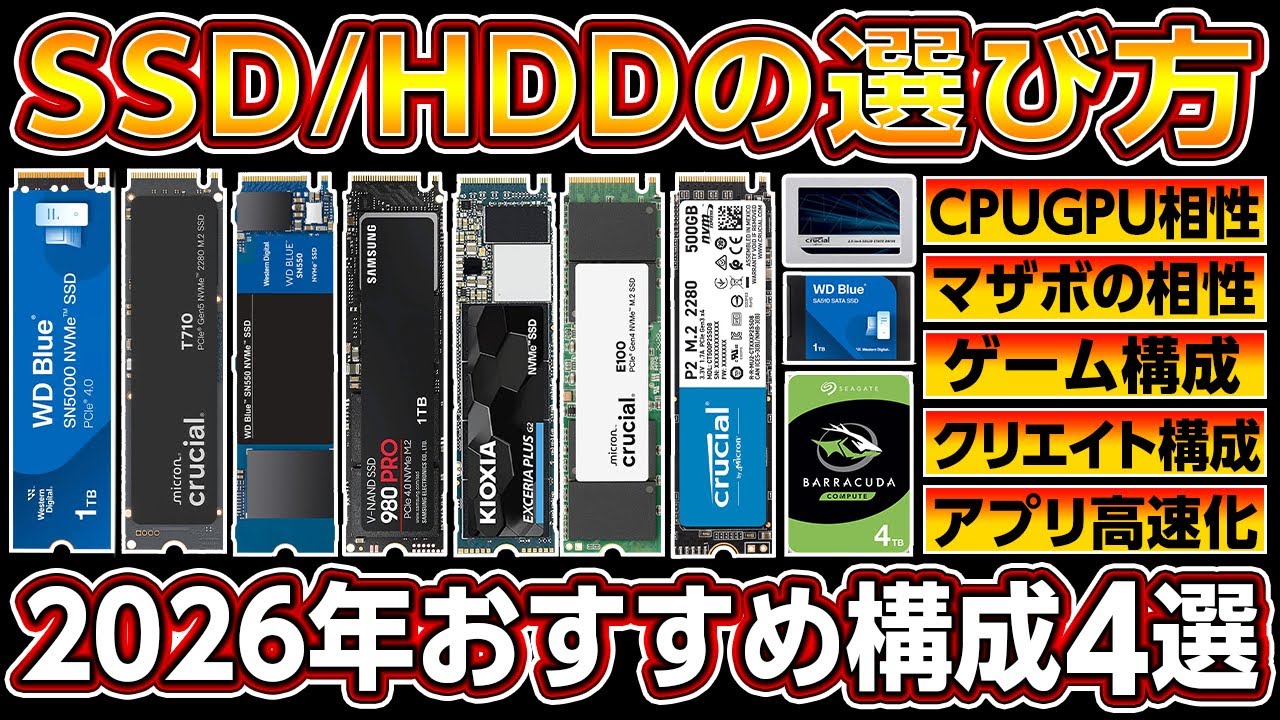 今買うべきSSD/HDDの選び方とおすすめ構成4選 2026年最新版！Gen5とGen4 M.2SSDで性能爆上げ！初心者向け自作PC,ゲーミングPCで失敗しない組み合わせ！ストレージ値上がり前に急げ