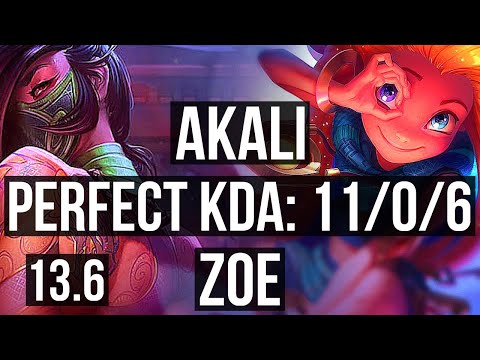 AKALI vs ZOE (MID) | 11/0/6, 1400+ games, Legendary, 800K mastery | KR Master | 13.6
