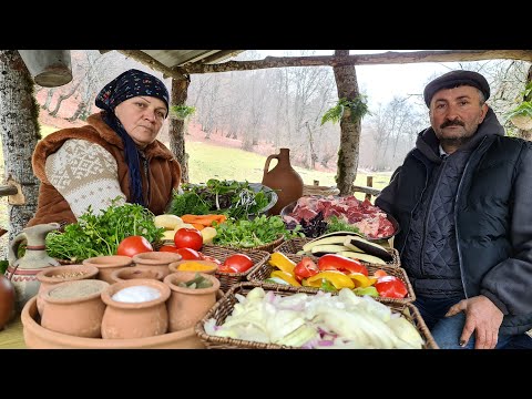 Village Style: Outdoor Kazan Cooking with Fresh Vegetables & Meat 🌿🔥🍖