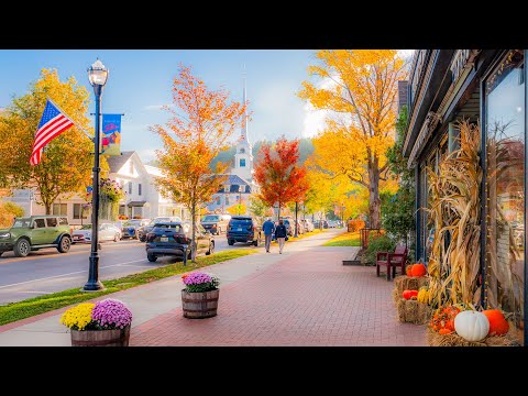 Autumn Sunrise Walk in Stowe, Vermont (4K) | Binaural Audio - Quintessential New England, USA
