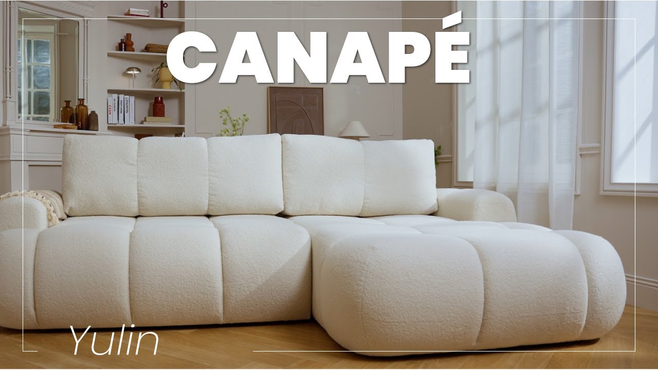 Thumbnail video of the produit Yulin - Canapé d'angle gauche 4 places convertible avec coffre en tissu bouclette