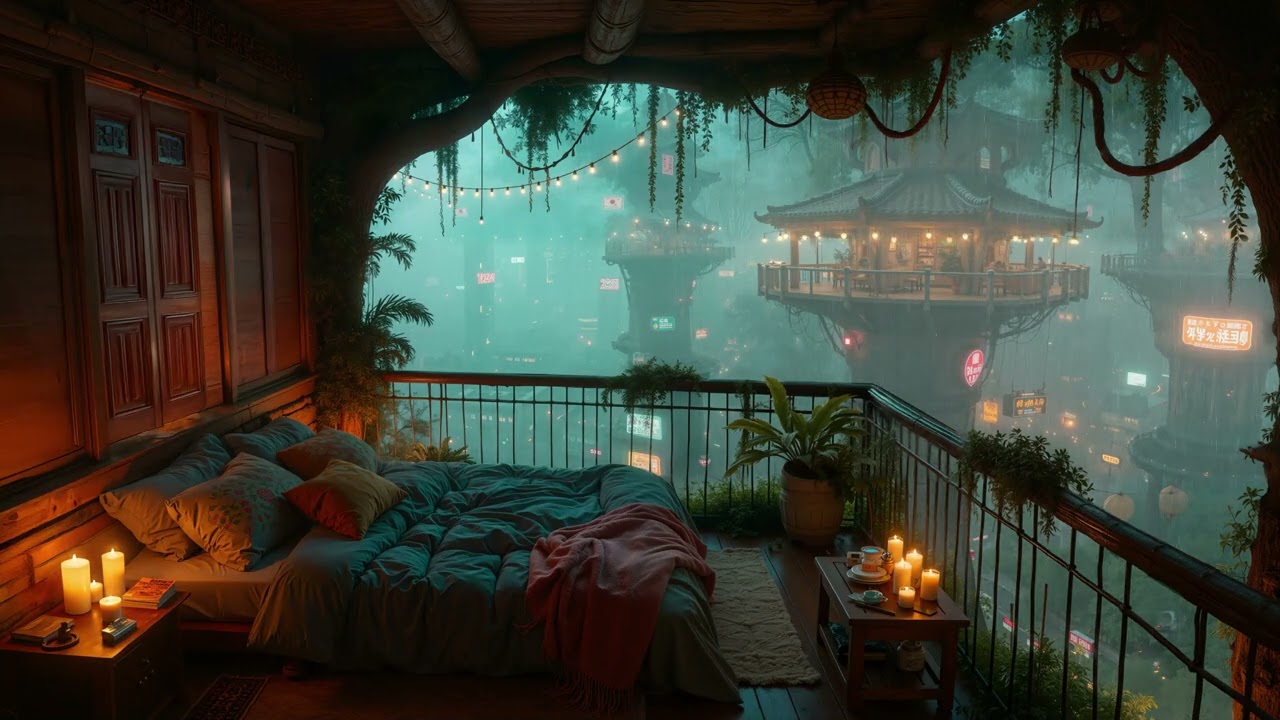 Cyberpunk City Rain Ambience with Ambient Music | Relaxing Balcony Vibes for Sleep & Stress Relief