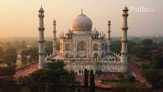 Text to video 丨 Aerial shot at sunset with a drone, capturing the Taj Mahal  Sof