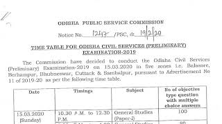 Time Table for Preliminary Examination for OPSC/OAS 2019-20