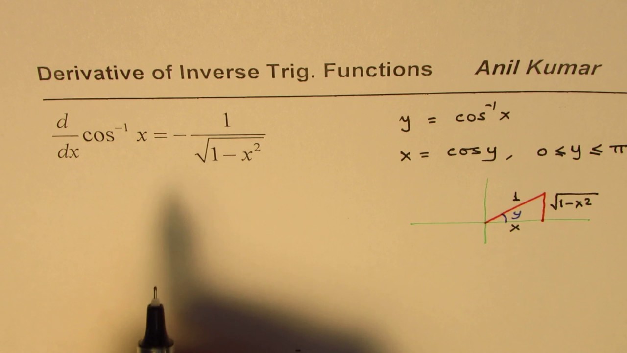 Prove cos inverse derivation formula Trig Calculus