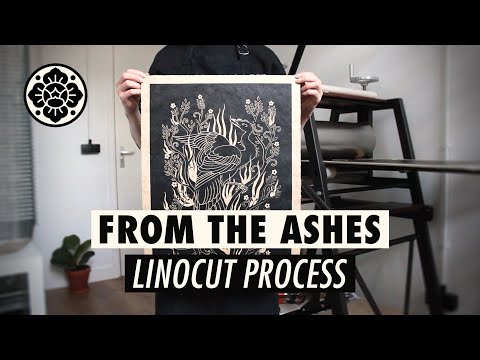 Linocut carving and printing: "From The Ashes" by Maarit Hänninen #linocut #printmaking #artprocess
