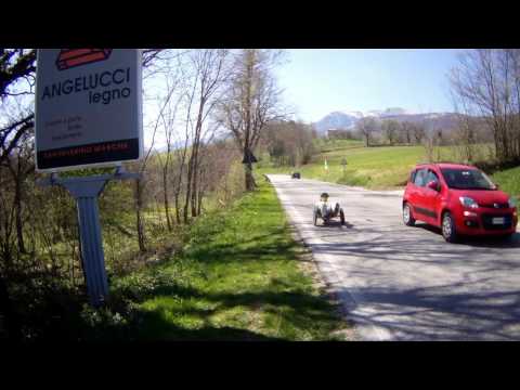 Greenspeed Recumbent Aero Trike in action in Sarnano nr Sibillini Mountains of Marche Italy