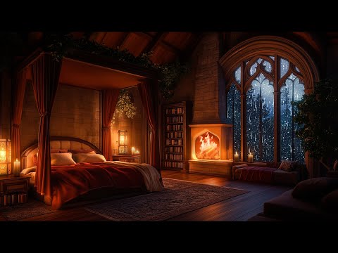 🔴 Relaxing Thunderstorm with Crackling Fireplace and Rain - Castle Room Ambience - Live 24/7