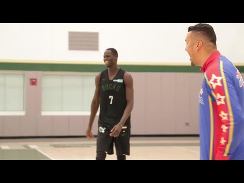 Bucks Thon Maker and Tony Snell practice with the Harlem Globetrotters
