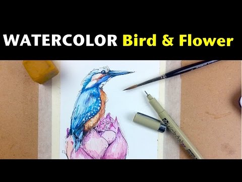 Watercolor Ink Tutorials | How to Draw Paint a Bird Flower