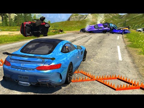 Spike Strip Multi-Vehicle Pileup Crashes #12- BeamNG Drive Police Spike Strip Testing