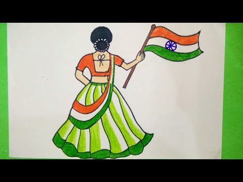A traditional women holding Indian flag 🇮🇳/independence day drawing step by step for beginners l
