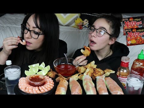 SPICY NUCLEAR NOODLE SPRING ROLLS, SHRIMP, AND FRIED WONTONS MUKBANG | EATING SHOW