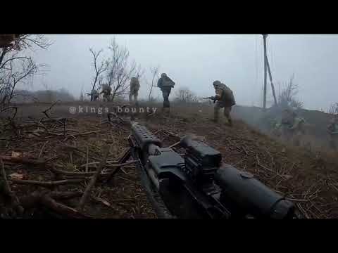 Ukraine - 16.12.2022. POV Of UAF Machine Gunner Gives Cover To Assault Troops Charging RUS Position.