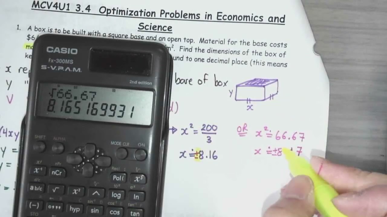 Calculus MCV4U1 3.4 Optimization Problems in Economics and Science Part 1