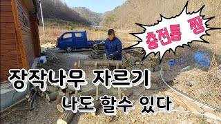 장작나무 자르는 또다른 방법. 충전톱이면 남편없어도 나무 자를수 있음.  디월트 충전톱 DCM575 사용후기