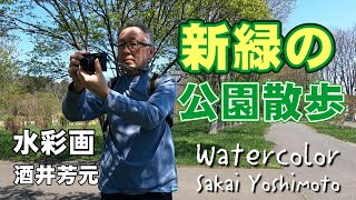 新緑の公園散歩2024　水彩画　酒井芳元