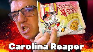 #остраяеда точнее острая лапша из Кореи, со вкусом Carbonara и с нашими острыми допами перец Каролина рипер. Легендарная лапша от Самянг Корейская, Бульдак карбонара. И самый острый перец Каролина рипер два ляма сковиллей 
Корейская