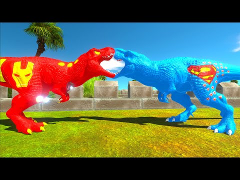 IRONMAN T-REX vs GHOSTSPIDER SPINOSAURUS vs SUPERMAN T-REX DEATHRUN - Animal Revolt Battle Simulator